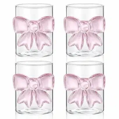 Cute Bow Glass Tumbler Set – Elegant Pink Ribbon Drinking Glasses (Set of 4)