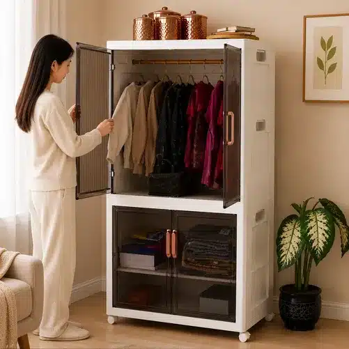 Foldable Modular Wardrobe Storage Cabinet with Hanging Section & Double-Layer Organizer