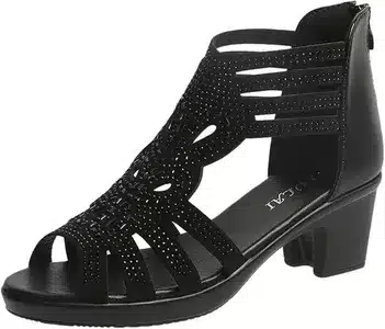 Business Shoes Women's 42 Chunky High Heels Breathable Lacing Rhinestone Shoes Casual Sandals Women's Sandals Black