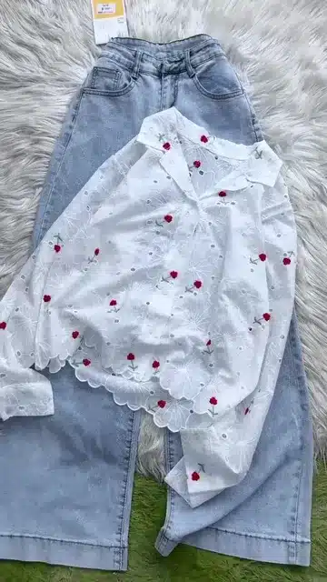 White Floral Embroidered Shirt & Denim Set