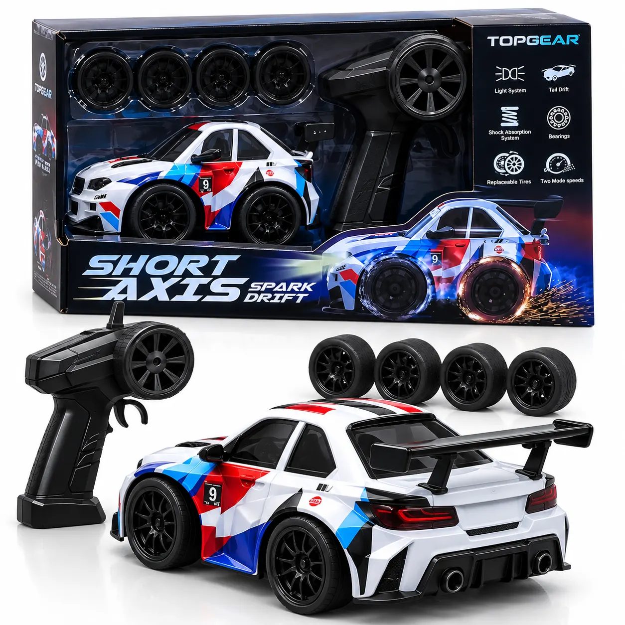 White & Blue Short-Axis RC Drift Car with LED Lights & Remote Control