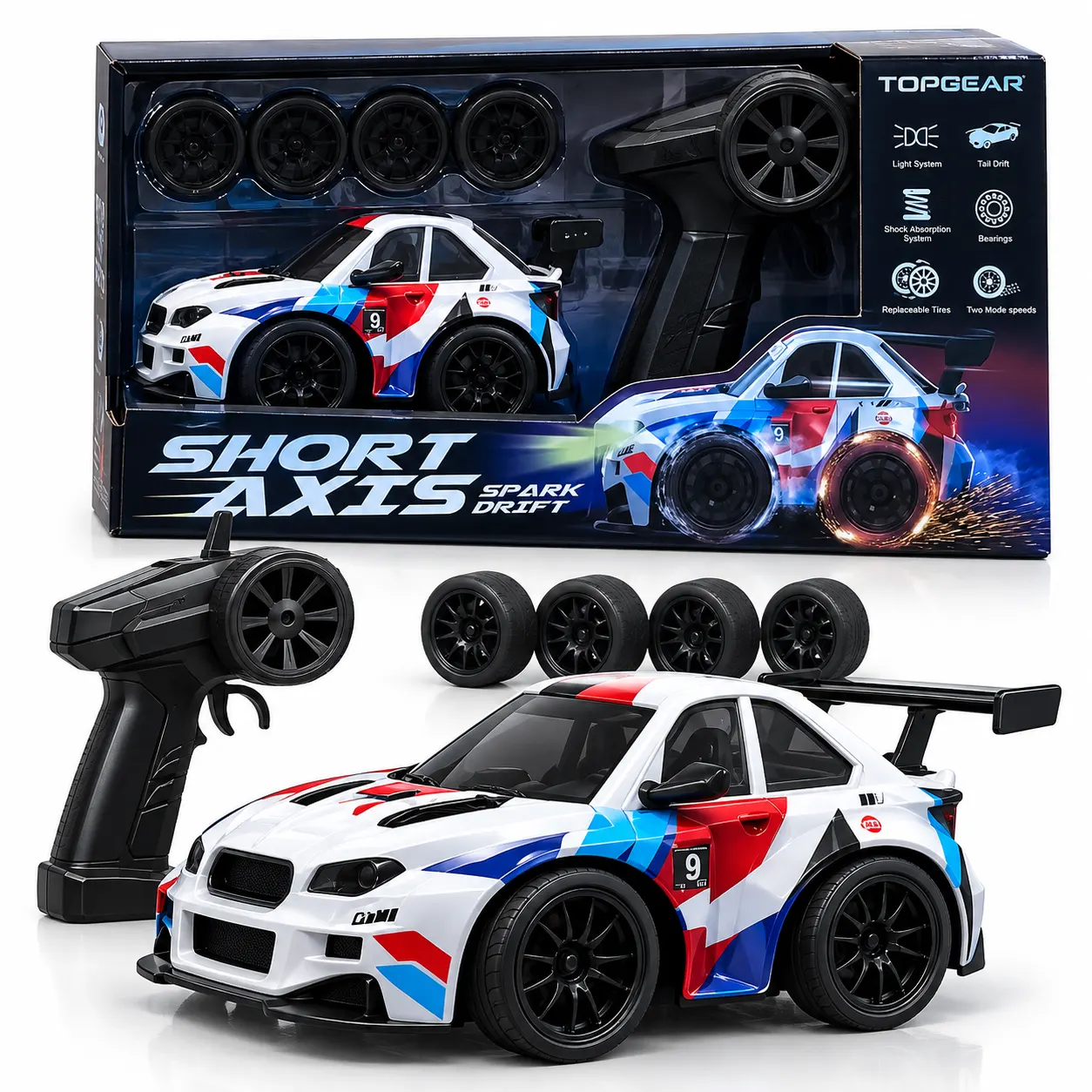 White & Blue Short-Axis RC Drift Car with LED Lights & Remote Control