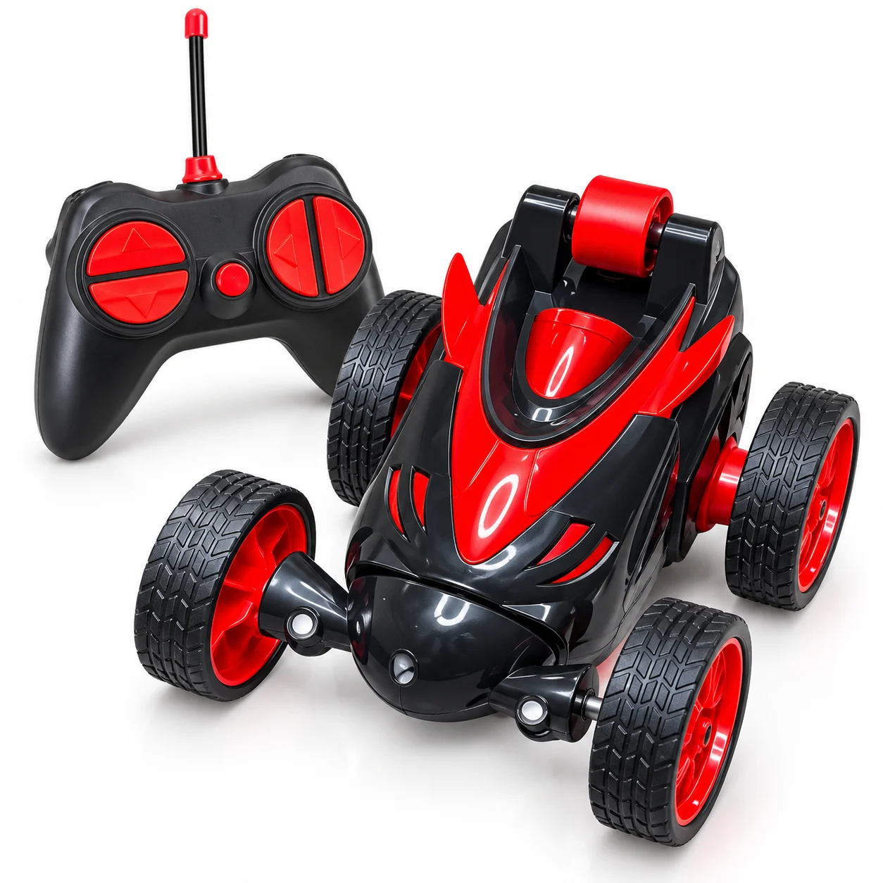 Red & Black Stunt RC Car with Rotating Wheels & Remote Control