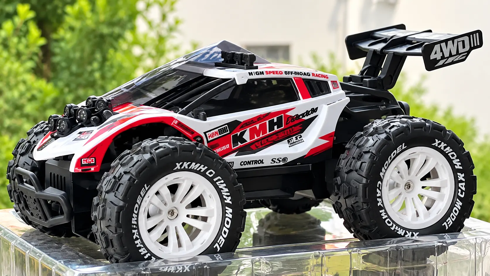 Red & White 4WD Racing RC Buggy with Oversized Tyres & Remote Control
