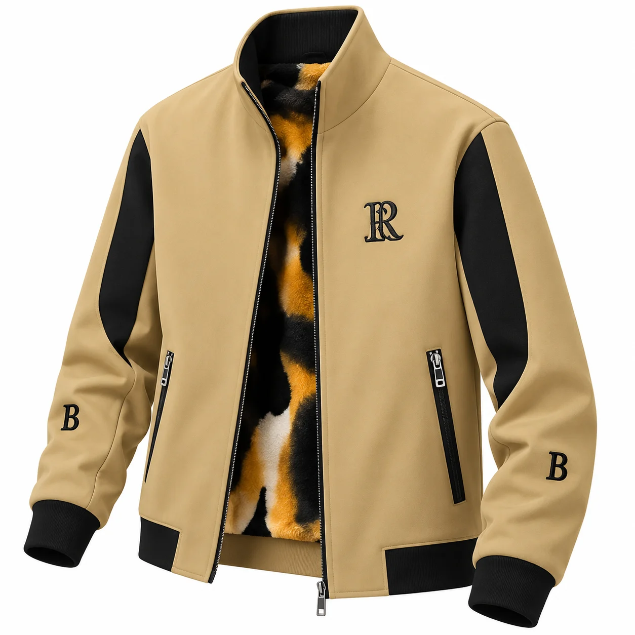 Men’s Beige & Black Zip-Up Casual Jacket