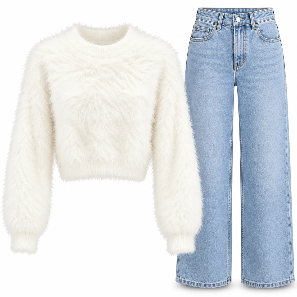 Women’s White Fuzzy Sweater & Light Blue Jeans Set