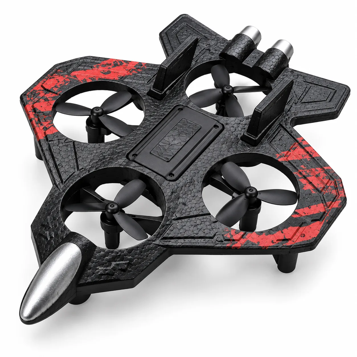 Black & Red Fighter-Style RC Drone with Protective Frame