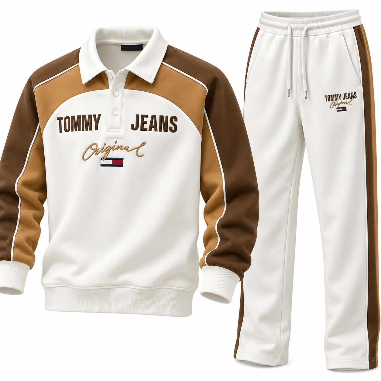Men’s White & Brown Color-Block Sweatshirt & Joggers Set