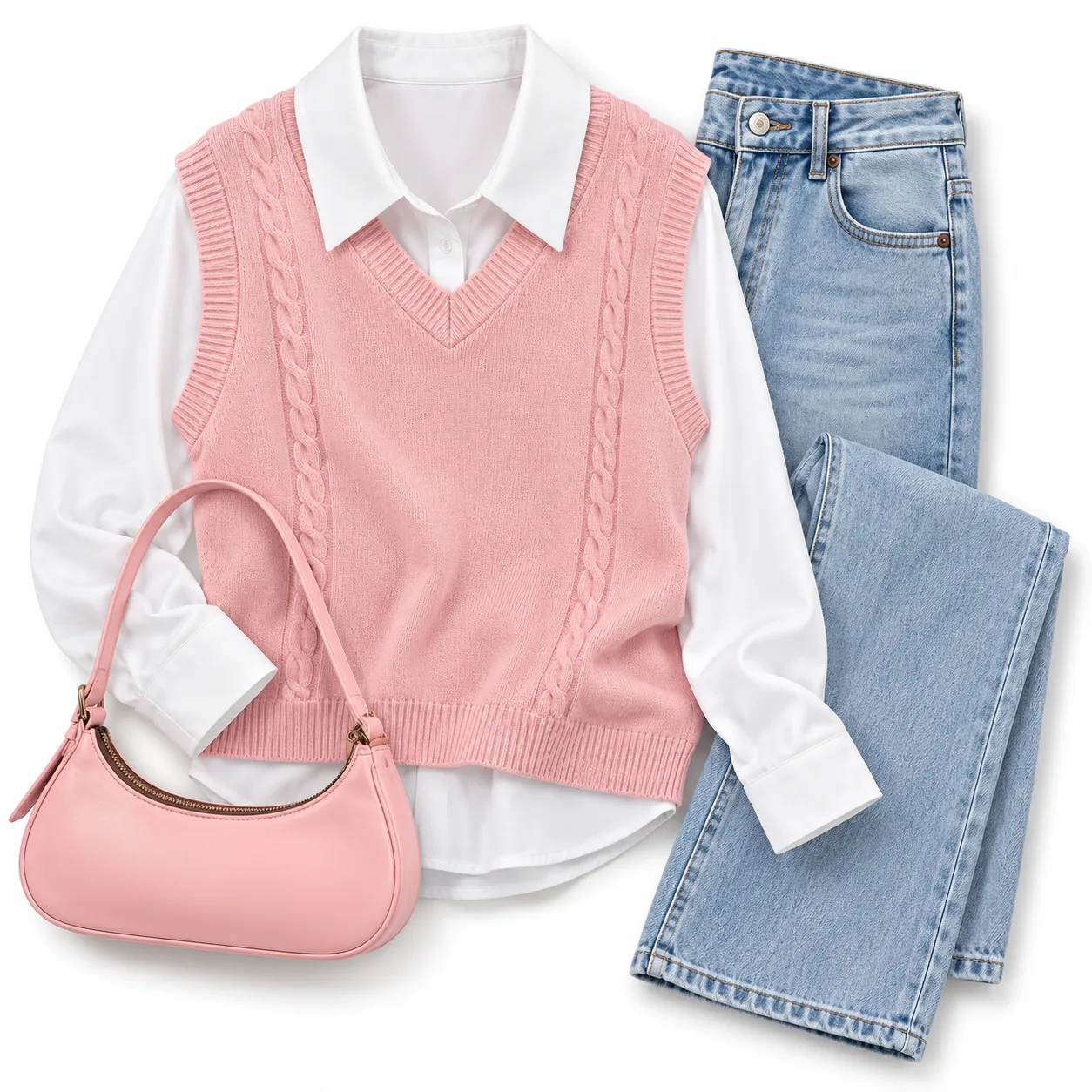 Women’s Pink Cable Knit Sweater with White Collar & Denim Jeans