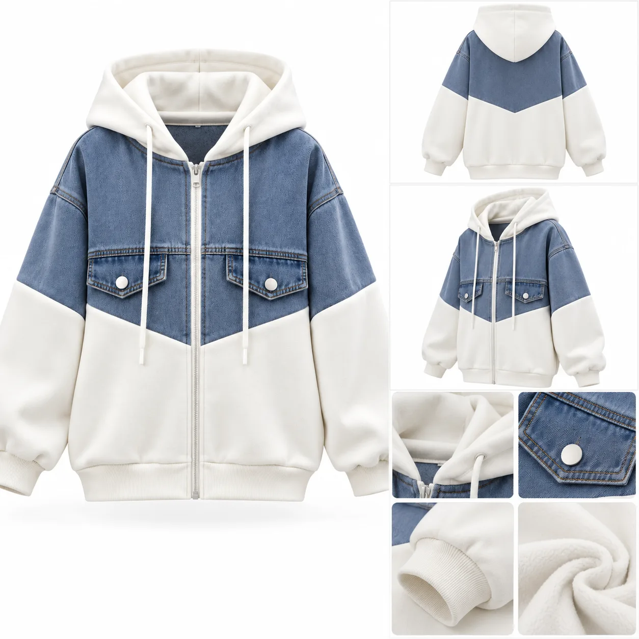 Women’s Blue & White Color-Block Hooded Jacket