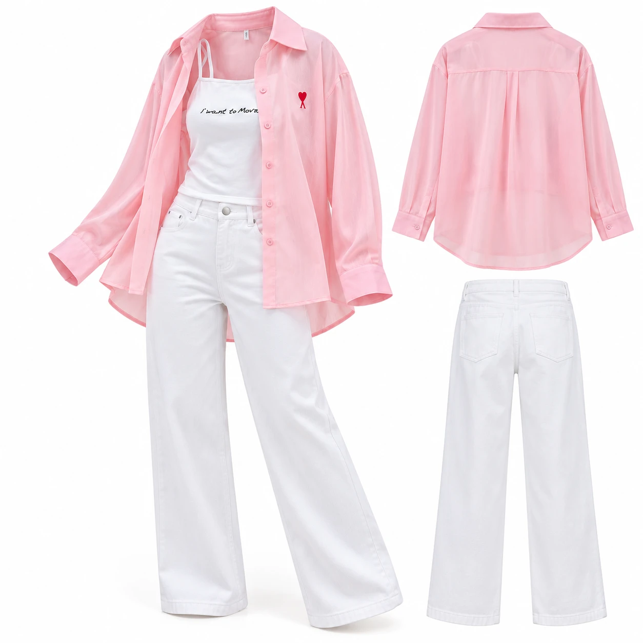 Women’s Pink Overshirt with White Crop Top & Pants Set