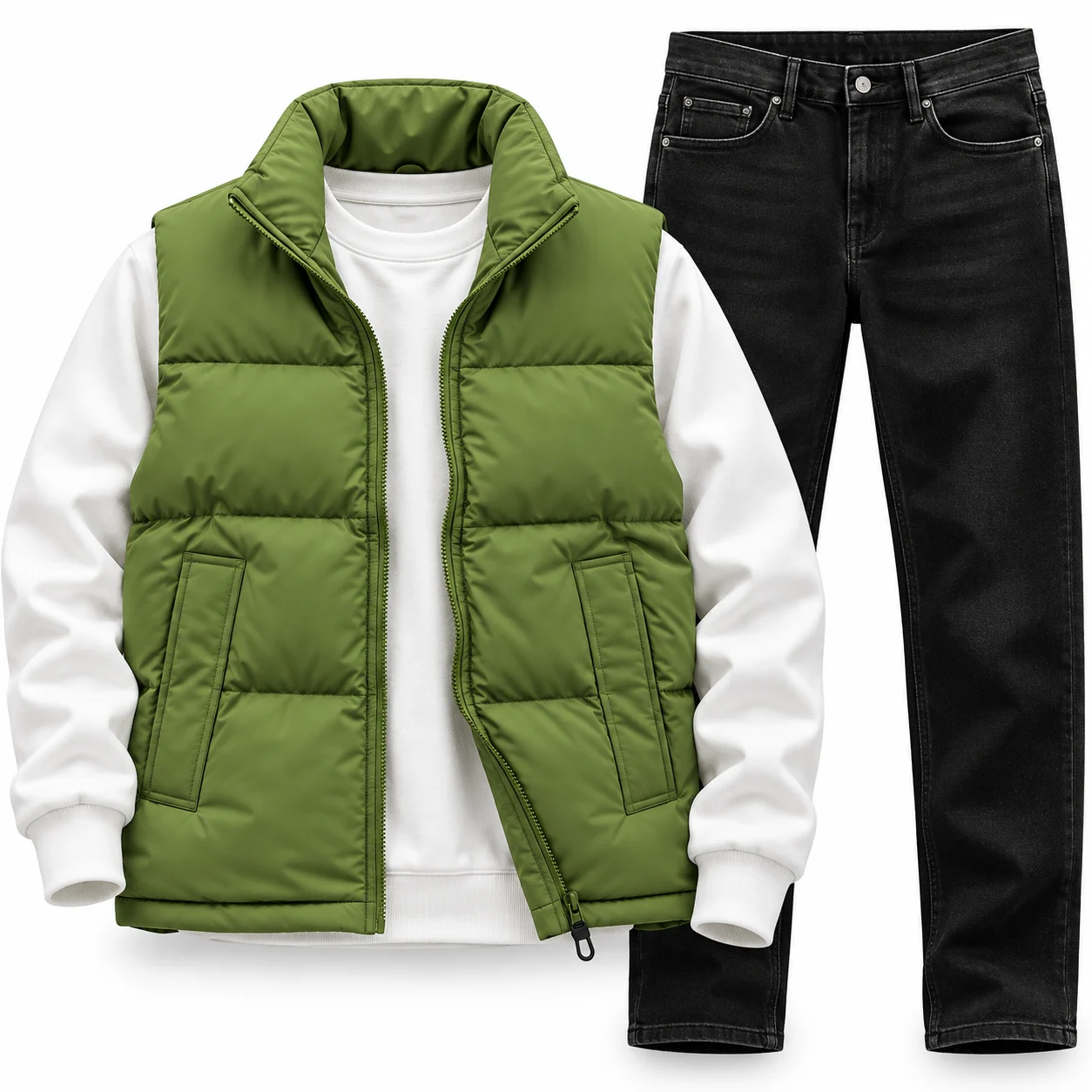 Men’s Olive Green Puffer Vest & White Sweatshirt Set