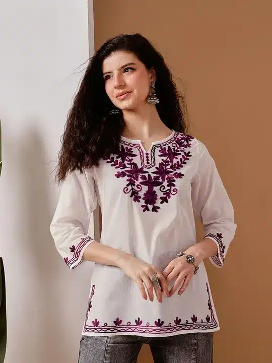 Women's Floral Embroidered Cotton Kurti Top