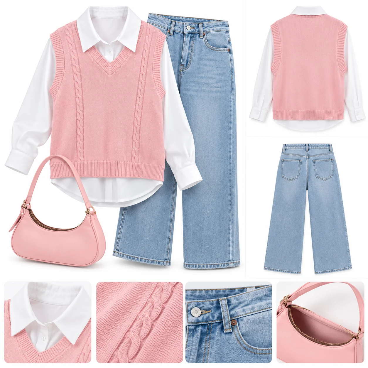 Women’s Pink Cable Knit Sweater with White Collar & Denim Jeans