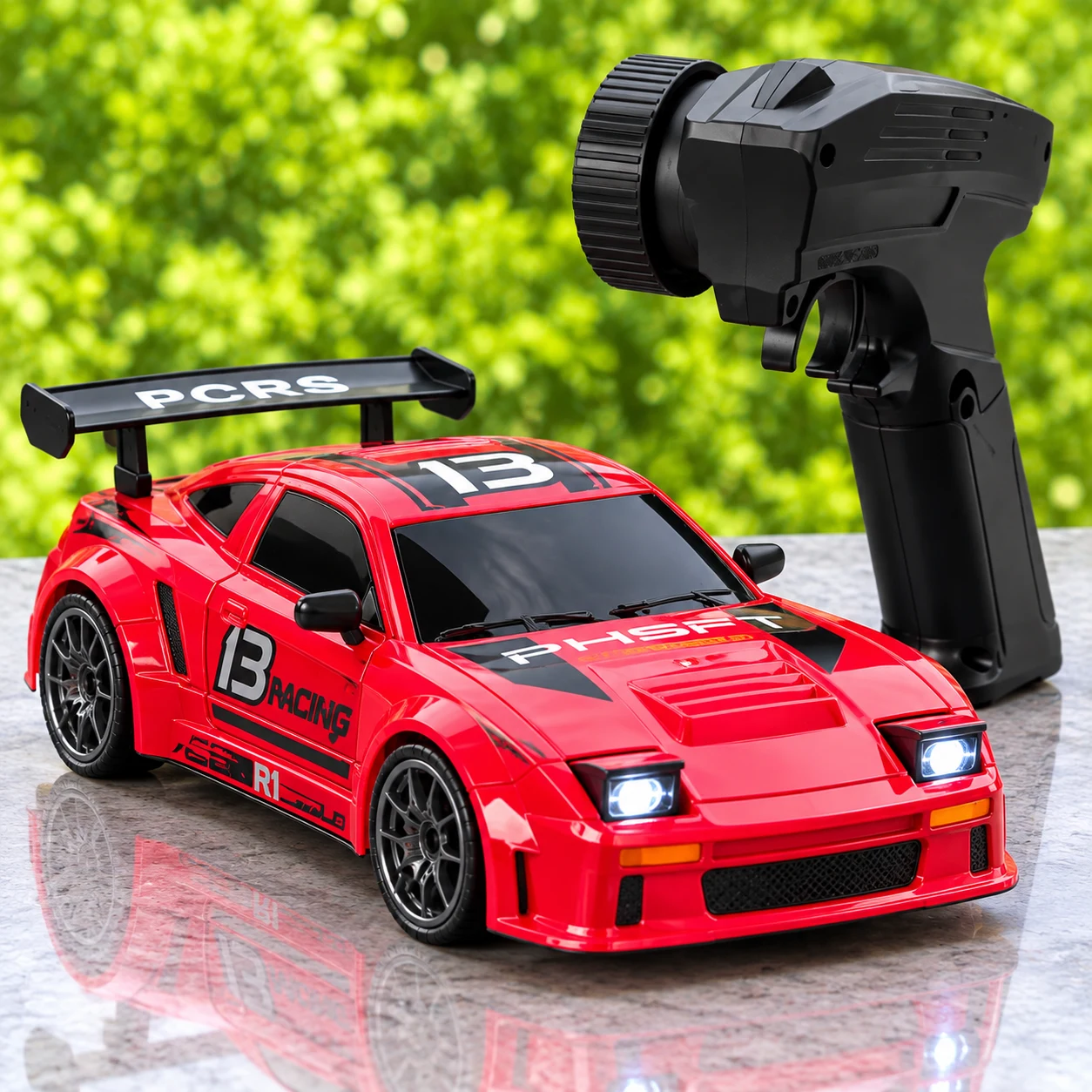 Red Racing RC Car with LED Headlights & Pistol Remote Control