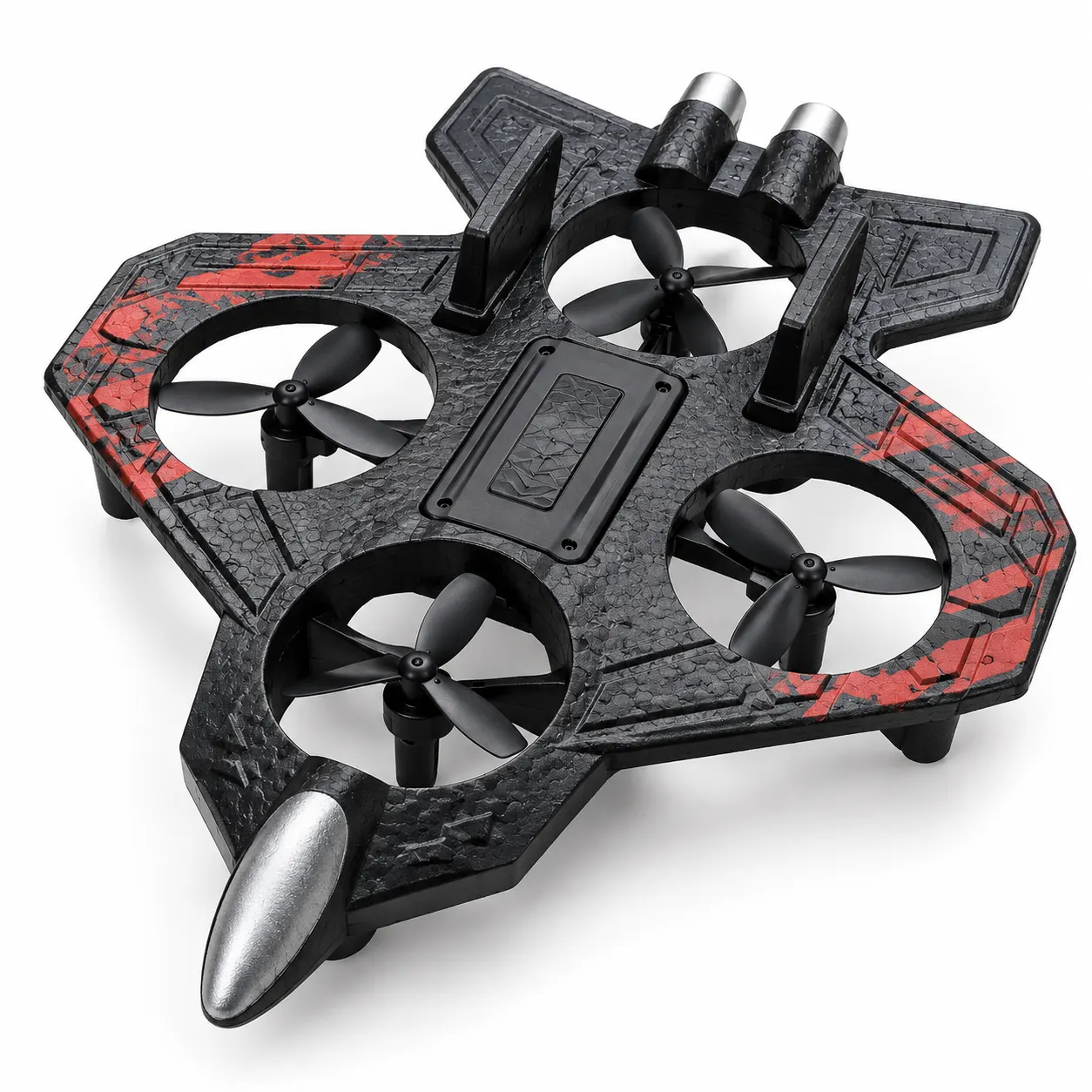Black & Red Fighter-Style RC Drone with Protective Frame