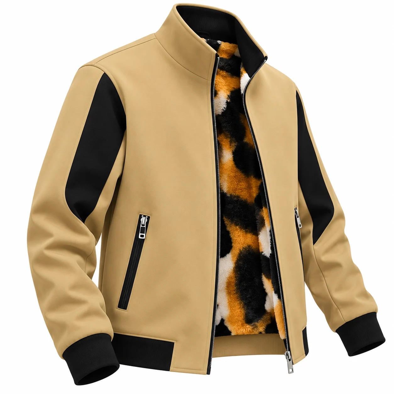Men’s Beige & Black Zip-Up Casual Jacket