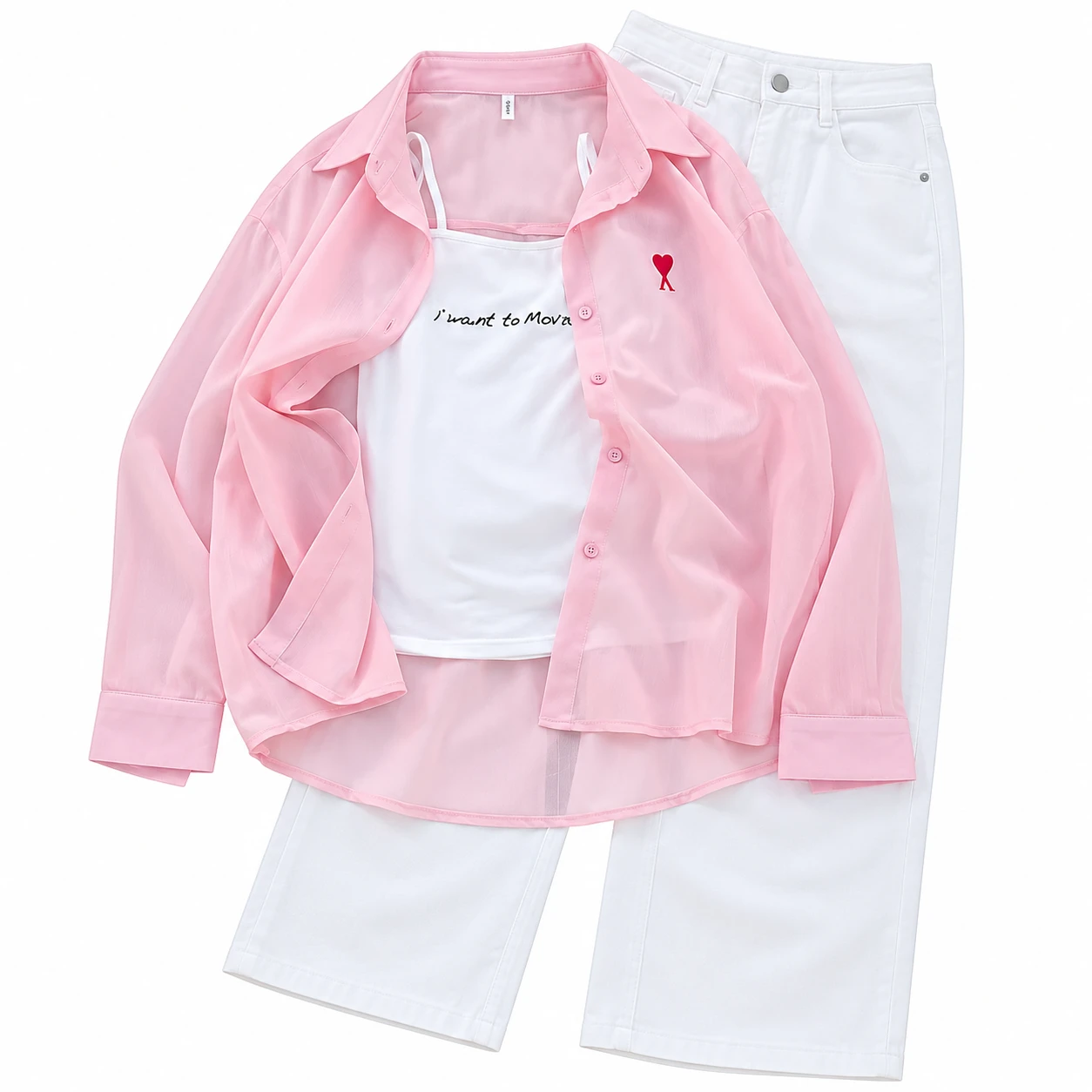 Women’s Pink Overshirt with White Crop Top & Pants Set