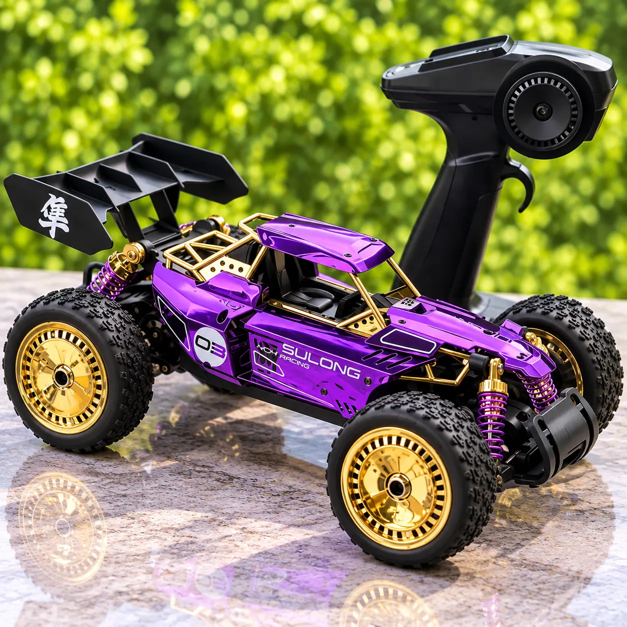 Purple Off-Road RC Buggy with Golden Wheels & Pistol Remote Control