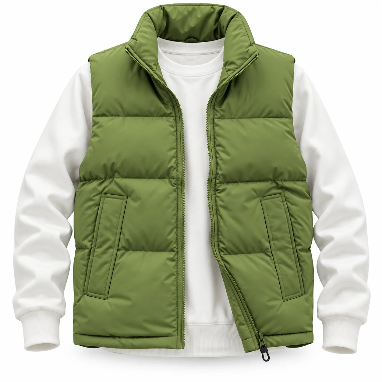 Men’s Olive Green Puffer Vest & White Sweatshirt Set