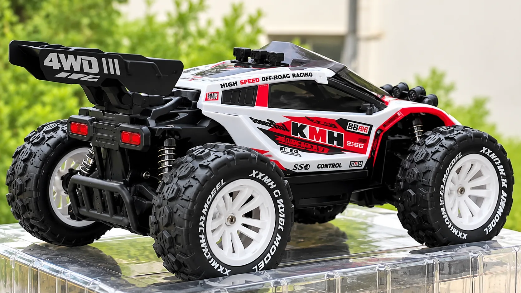 Red & White 4WD Racing RC Buggy with Oversized Tyres & Remote Control