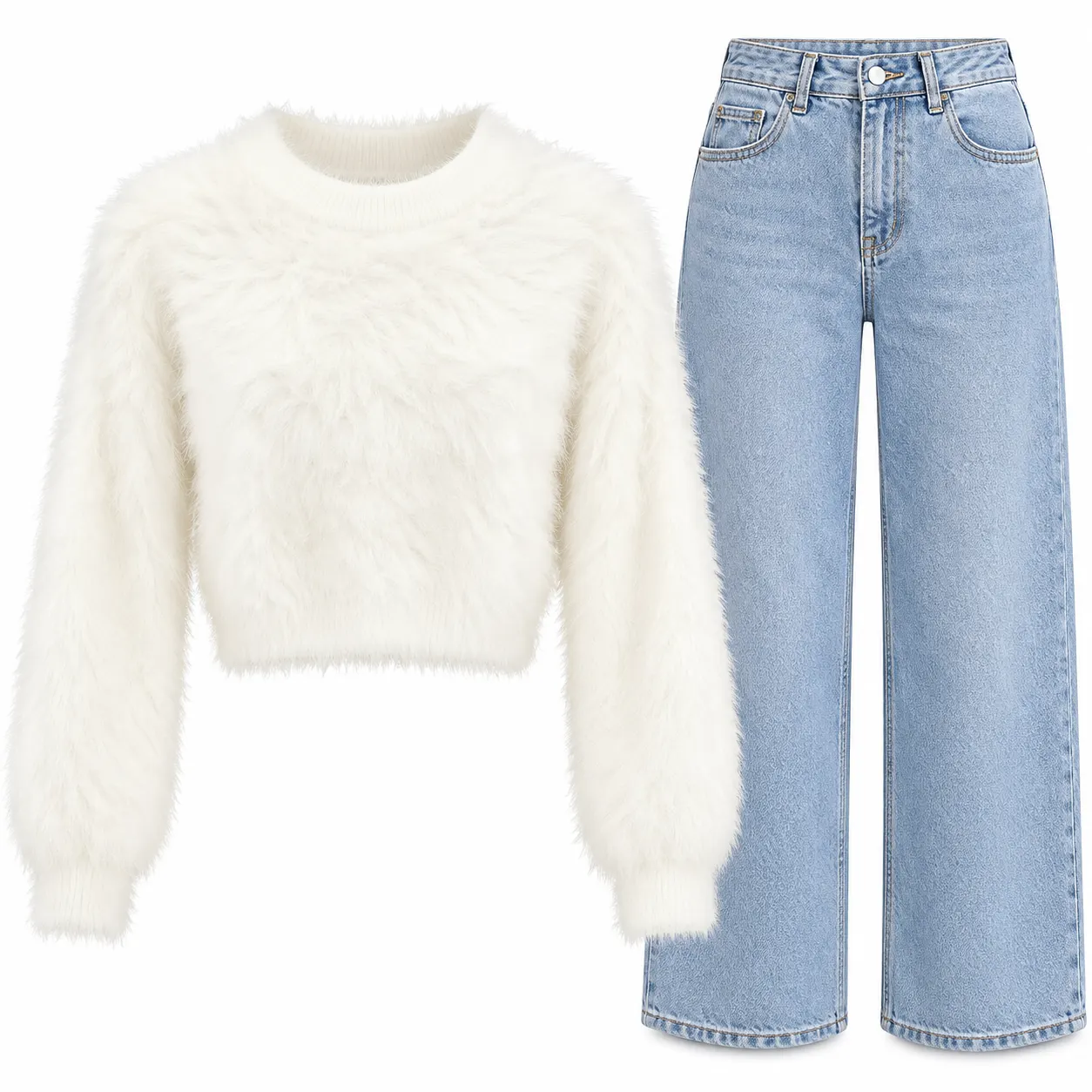 Women’s White Fuzzy Sweater & Light Blue Jeans Set