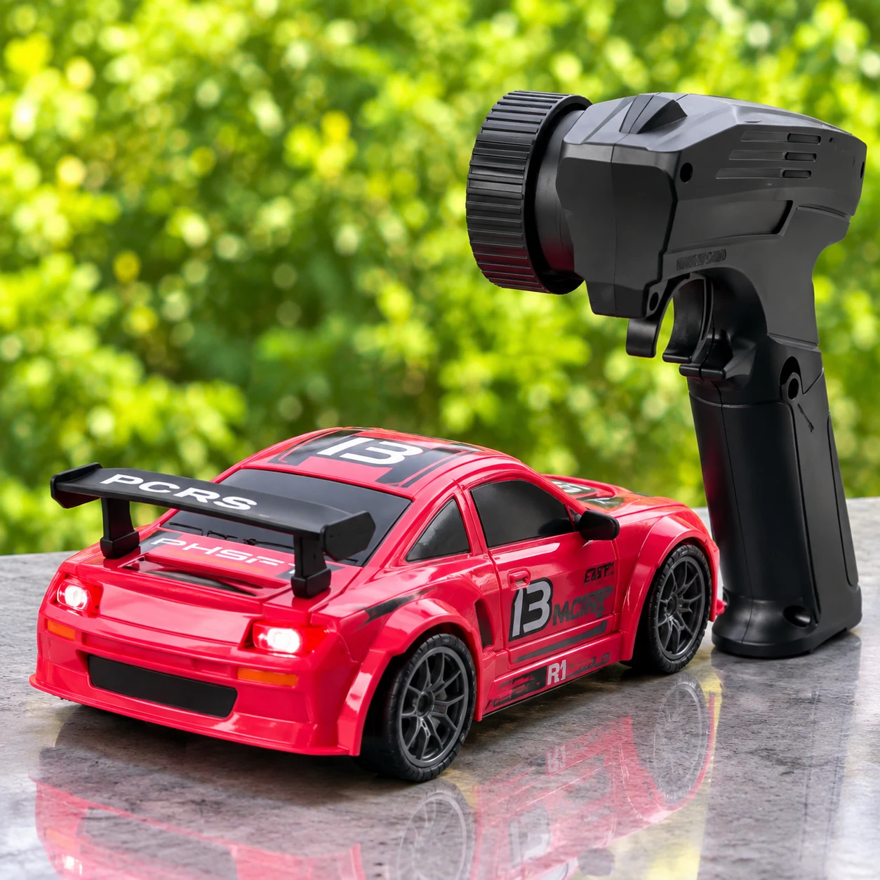 Red Racing RC Car with LED Headlights & Pistol Remote Control